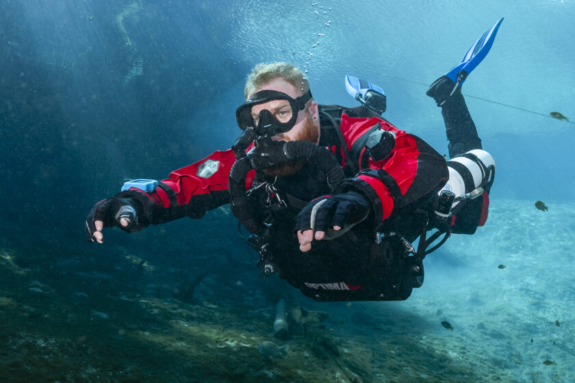 By itself the Optima CM is a fully functional, electronic closed circuit oxygen rebreather that can be readily fastened to most types of scuba harnesses like it is here on Jared Hires’ Nomad Side Mount system.