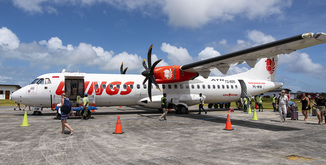 Wakatobi’s private flight services to and from the resort takes place on an ATR 72 twin-engine turboprop aircraft operated by one of the regional carriers. Because it is a private charter, only guests and sometimes employees of the resort and liveaboard yacht, Pelagian will be on that flight.