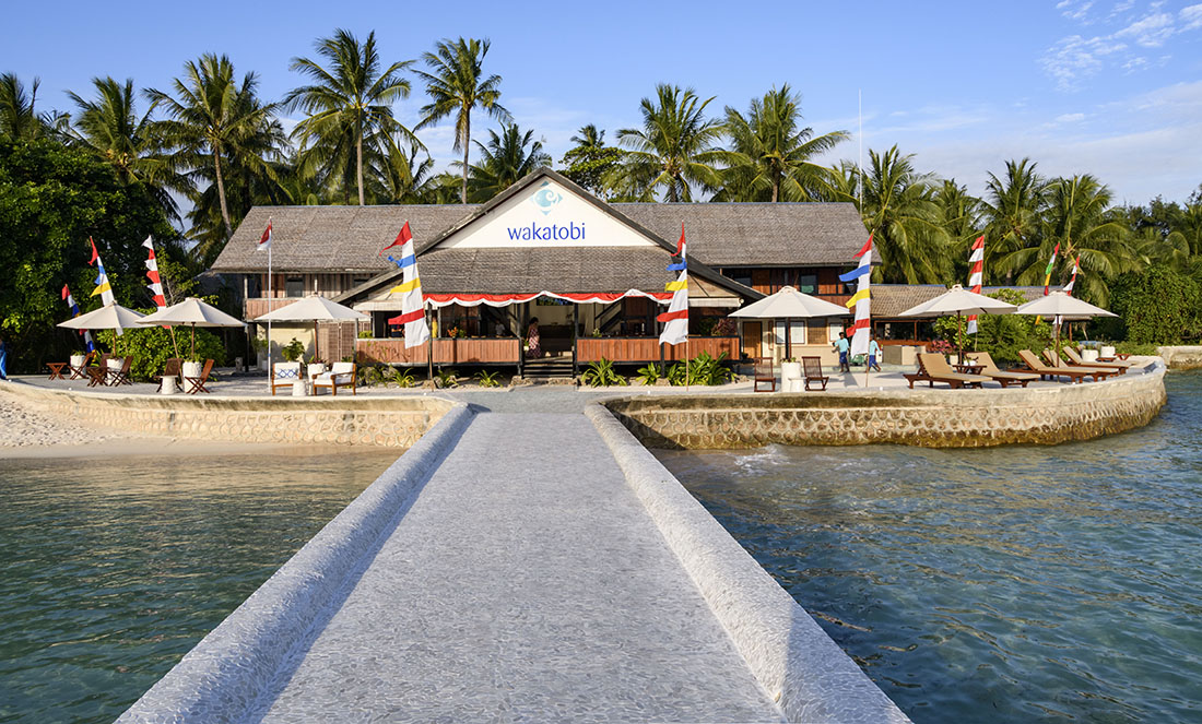 From the jetty, a view of Wakatobi Dive Resort's Long House which serves as the central hub for the dive center and camera room.