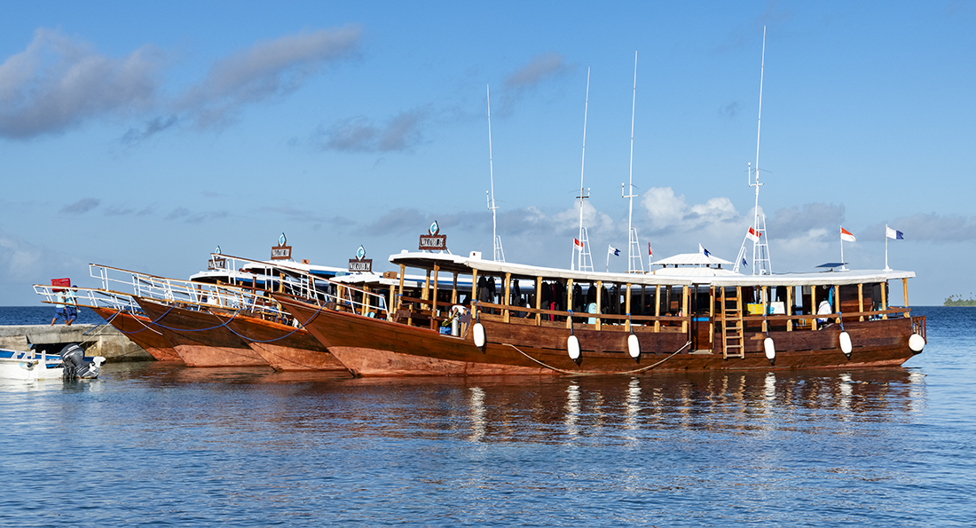 Four of Wakatobi’s nine dedicated dive/snorkel boats, each measuring between 63 and 67 feet / 19 - 20 meters in length tied up to the jetty ready to go out for a morning two tank dive.