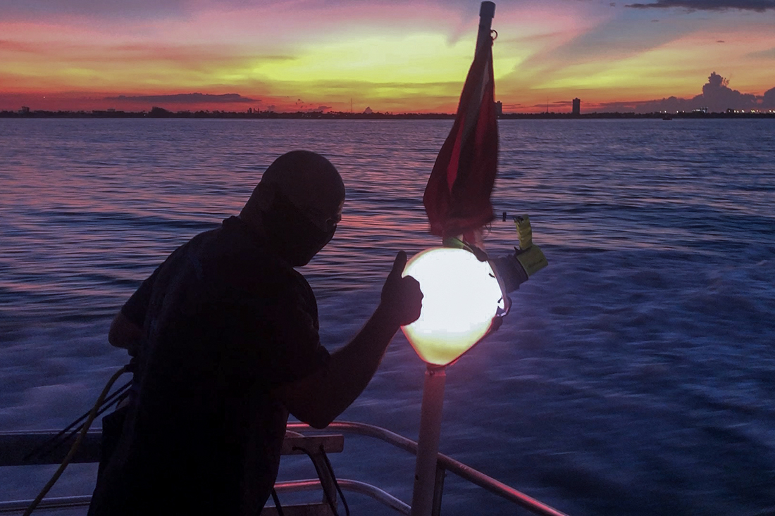 The lighted surface buoy aka the "Pumpkin" ready for deployment for the backwater dive off Palm Beach Florida.