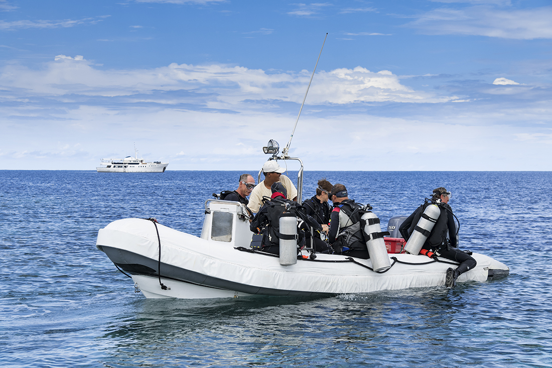 Pelagian's 18-foot rigid hull inflatables (RIB) equipped with double 60-HP outboard engines, tank racks and deck-mounted stainless steel boarding ladders.