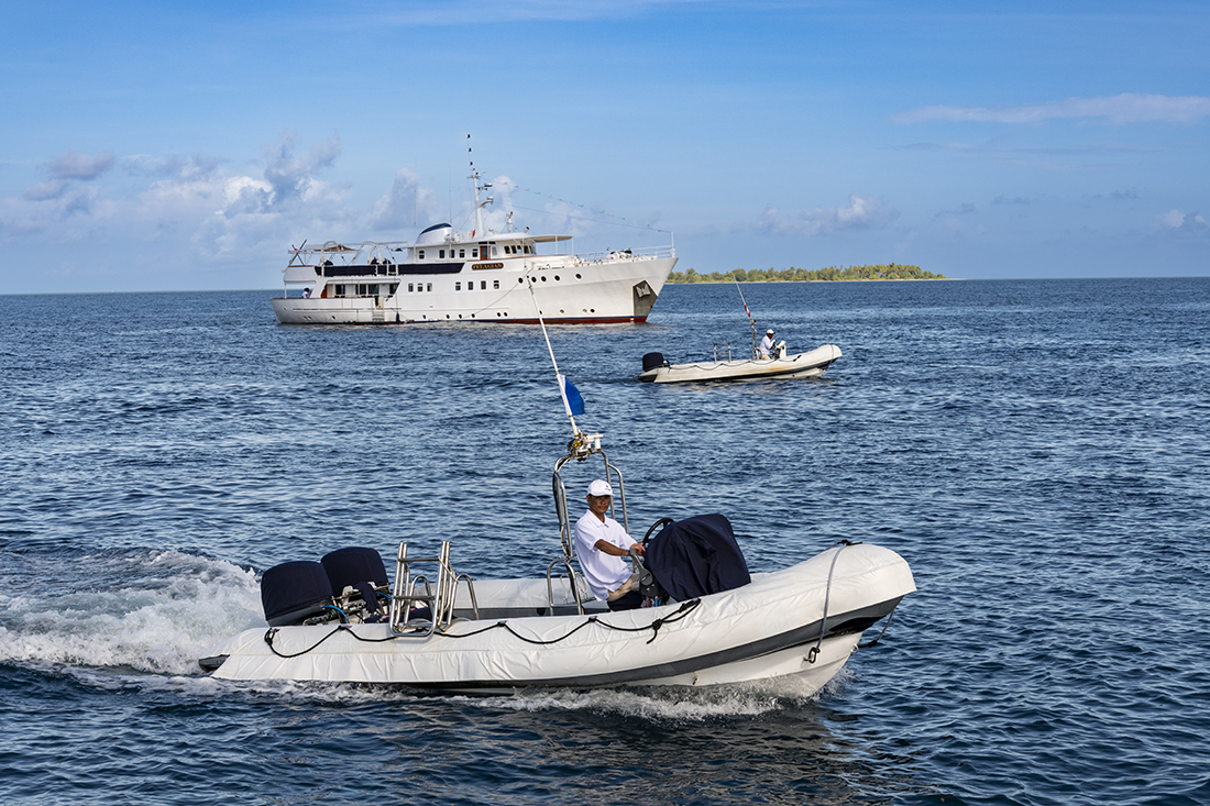 Pelagian's 18-foot rigid hull inflatables (RIB) equipped with double 60-HP outboard engines, tank racks and deck-mounted stainless steel boarding ladders.